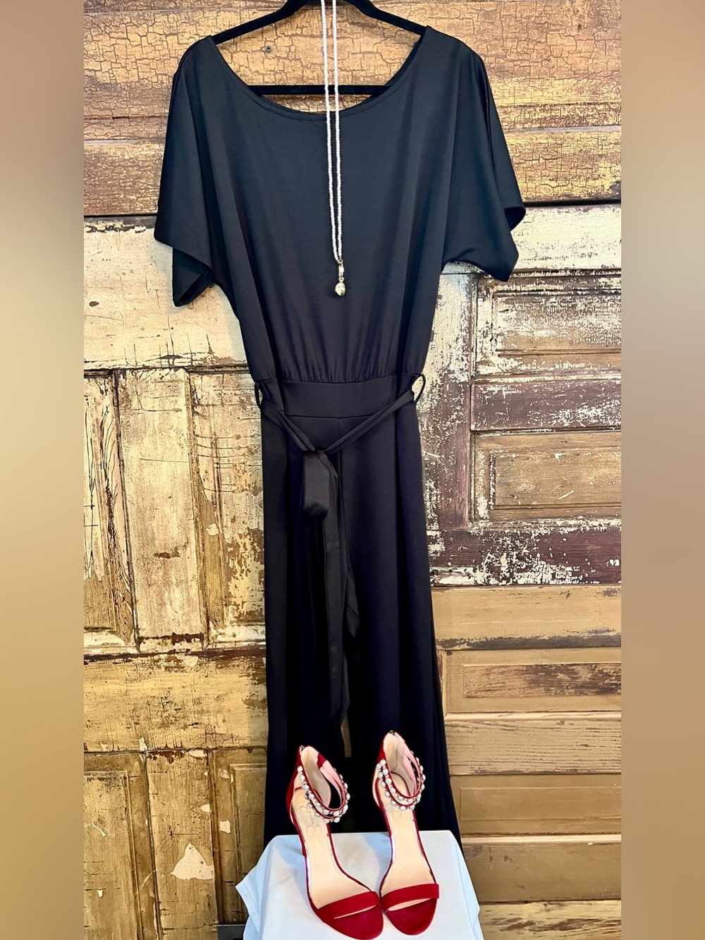 Black Tie Waist Jumpsuit | Keyhole Back Wide Leg Jumpsuit | Size L